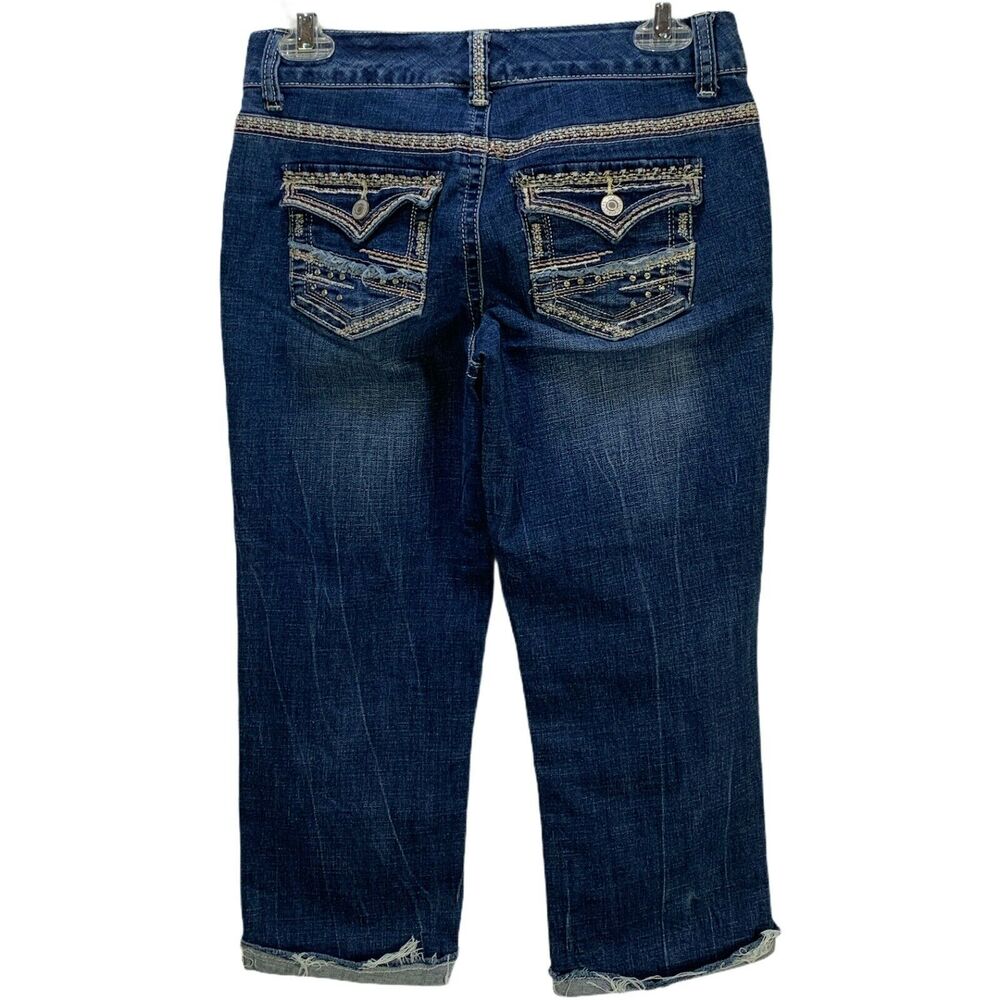 Maurices Jeans Womens Cuffed Capri Size 0 W28 Blue Low Rise Flap Pockets Stretch